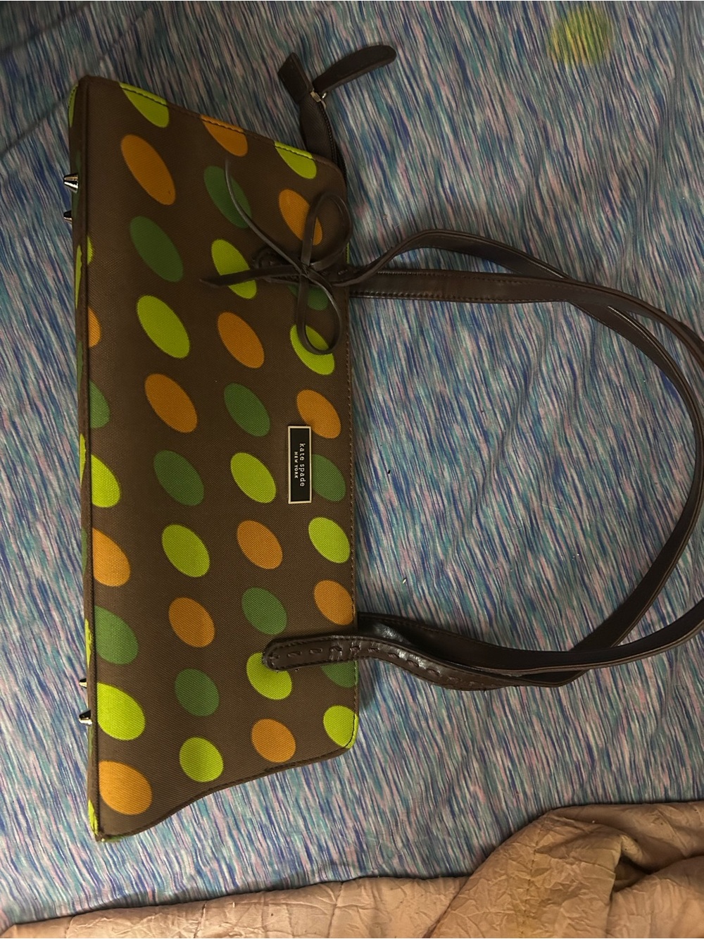 kate spade Brown Tote with Green and Orange Polka Dots